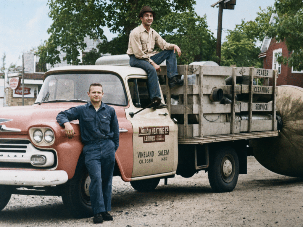 Vintage Laury Heating service truck in Vineland, New Jersey with two technicians